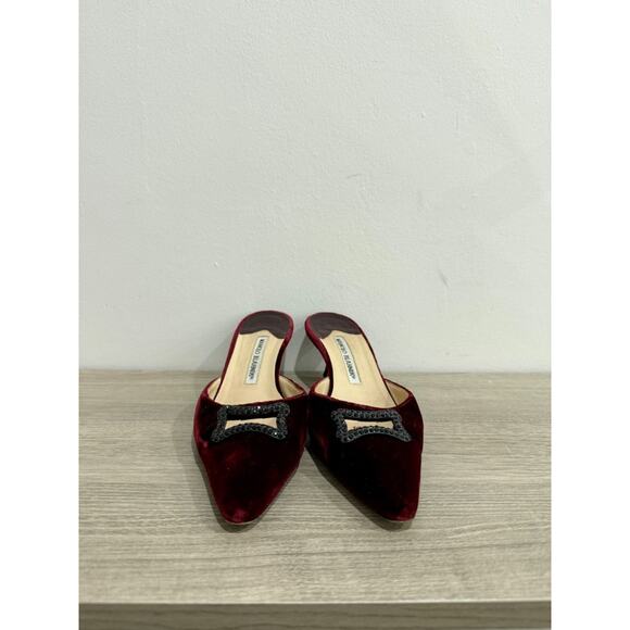 Manolo Blahnik Velvet Pointy Toe Crystal Kitten Heel Mules Red Women 38 / US 8 - Picture 3 of 8